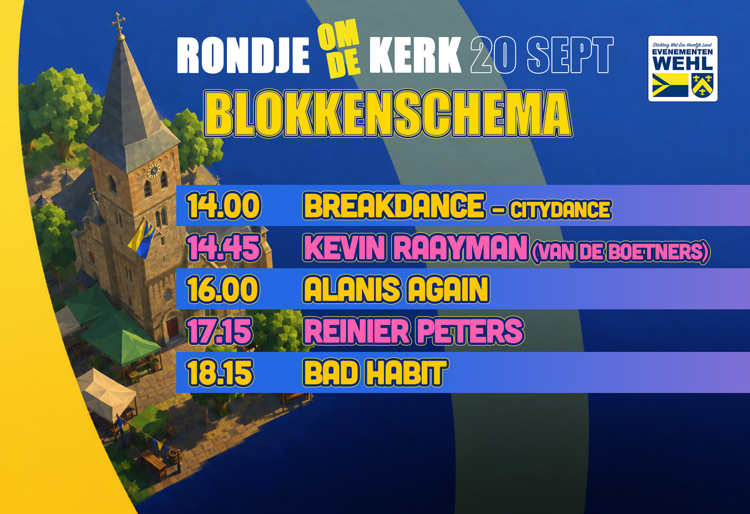 Blokkenschema Rondje om de Kerk 20 september met muziek en acts